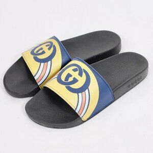 GUCCI sz 8 / US 8.5 slides sandals shoes GG rubber blue yellow navy